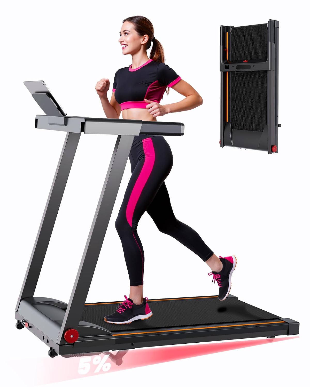 4-in-1 Folding Treadmill with Handles, Black and Pink