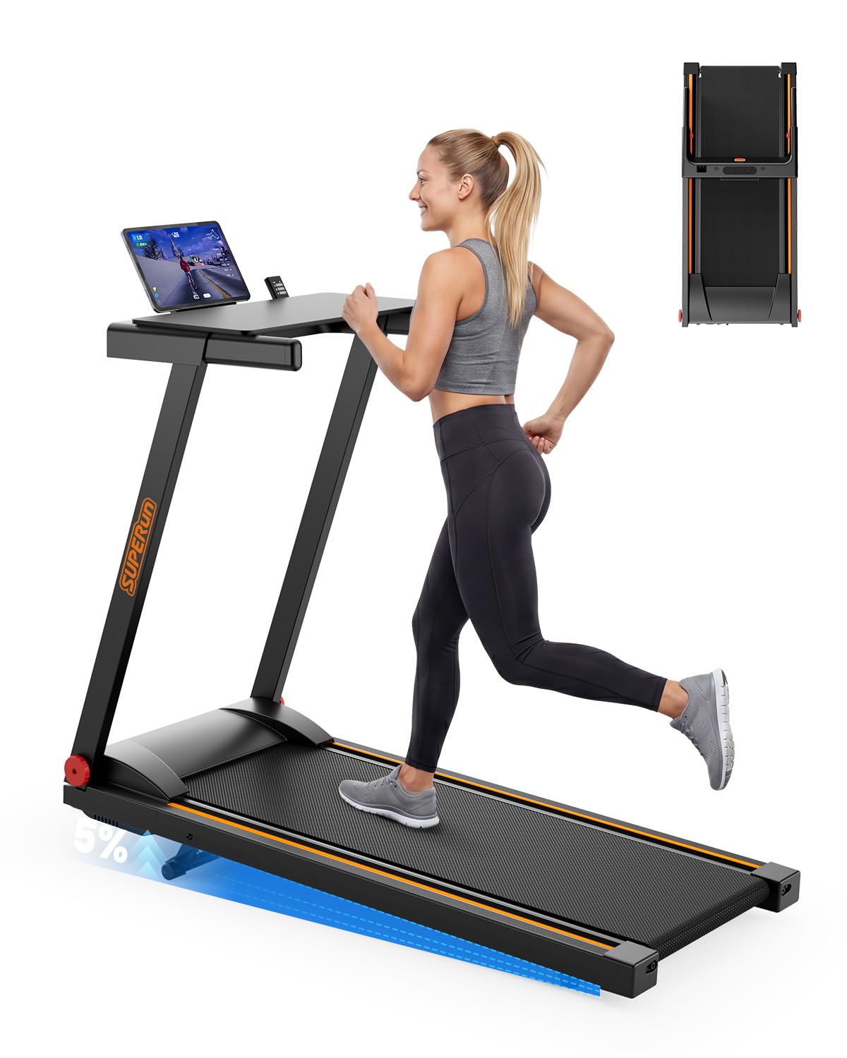 4-in-1 Folding Treadmill with Handles, Orange Trim