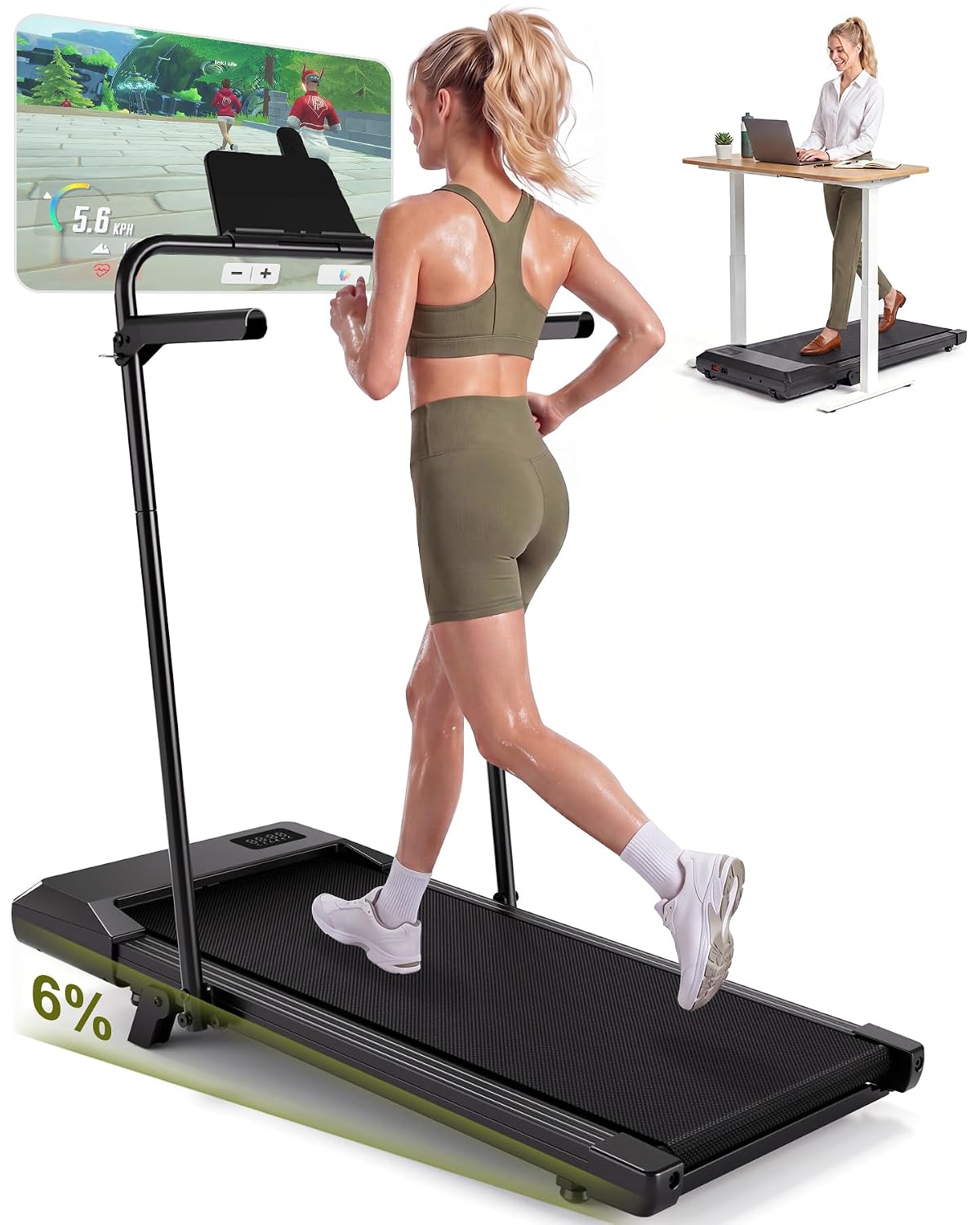 6% Incline Walking Pad with Handlebar, Classic Black