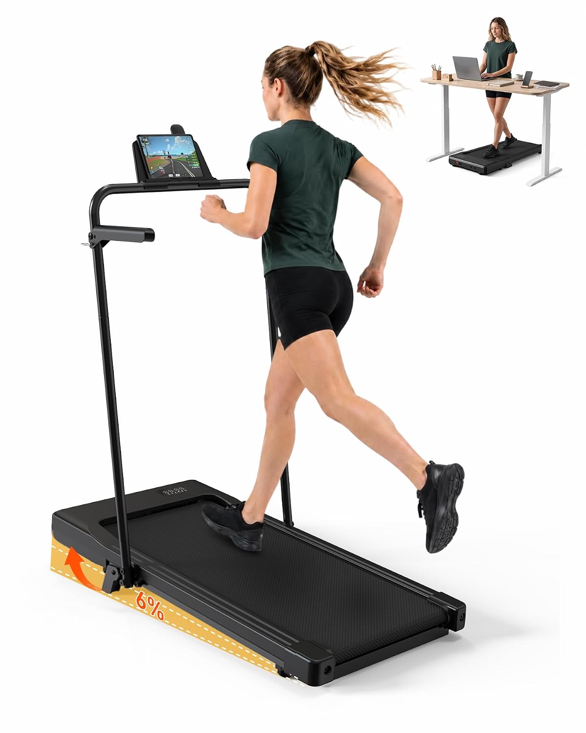 6% Incline Walking Pad with Handlebar, Orange Trim