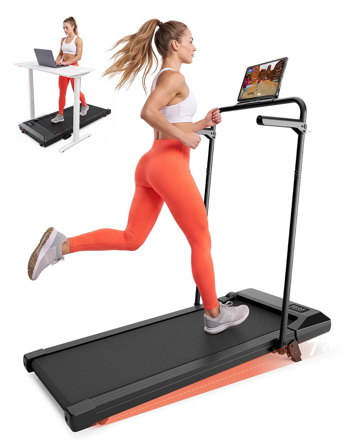 7% Incline Walking Pad with Handlebar, Orange Belt