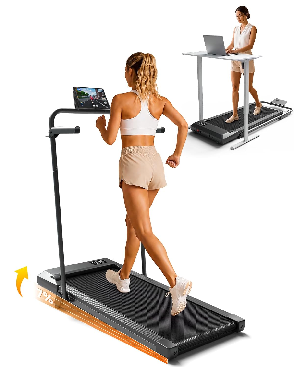 7% Incline Walking Pad with Handlebar, Sand
